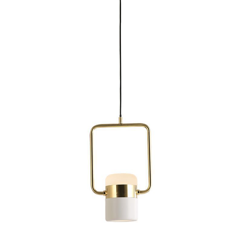 Square Frame Pendant Ceiling Light Modern Metal 1 Head Gold Hanging Light Kit with Cylinder White Glass Shade