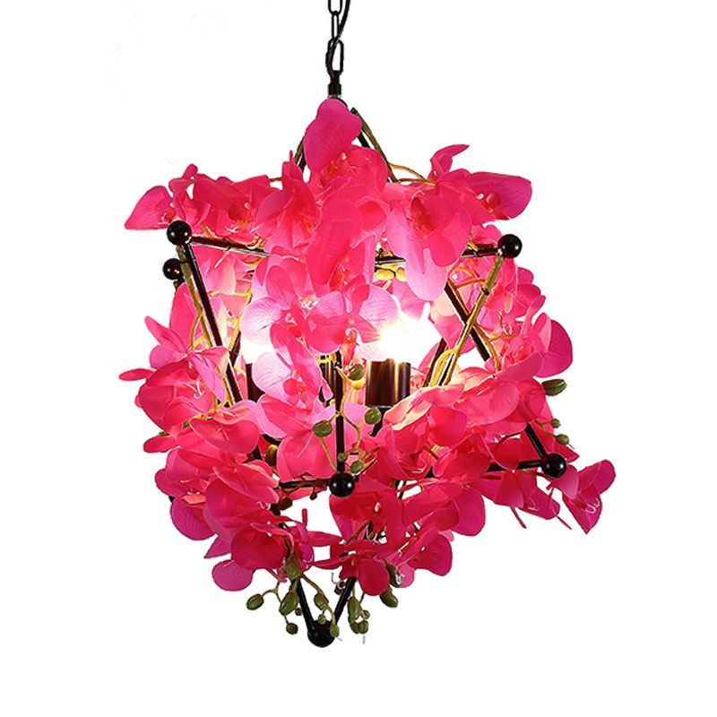 Frame d'étoile en métal lampe de lustre de style rétro 4 lumières suspension de la suspension de restaurant avec floral jaune / rose rouge