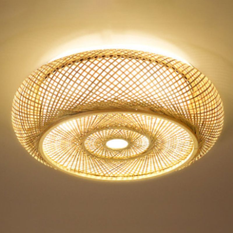 Modern Flush Mount Ceiling Light Beige Drum Close to Ceiling Fixture with Bamboo Shade