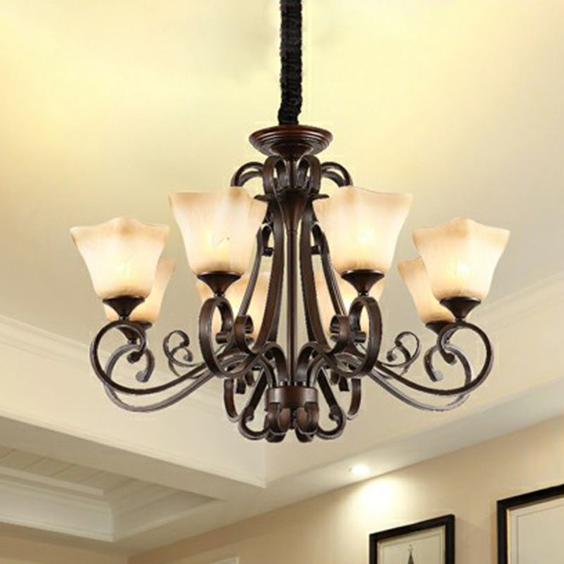 Traditional Bell Ceiling Lighting Opal Glass Chandelier Light Fixture with Scroll Arm in Copper