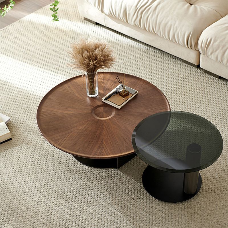 Modern Style Coffee Table with Square Block Base Design Round Glass/wood Table