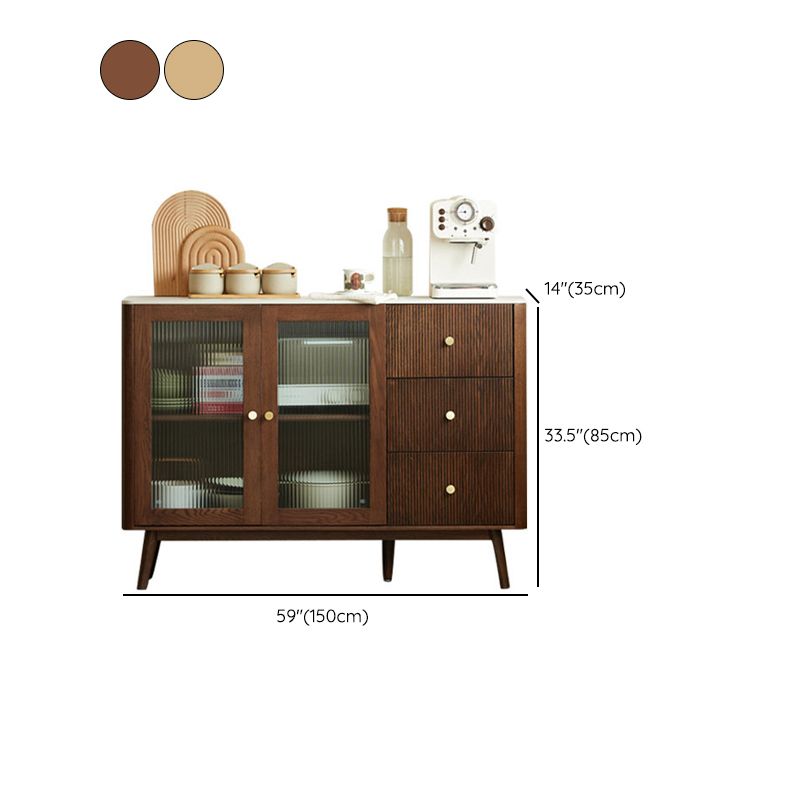 Oak Finished Sideboard Modern Style Glass Door with 3 Drawer