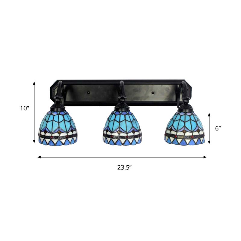 3 Heads Bowl Wall Mount Light Baroque Style Stained Glass Bathroom Vanity Light in Black Finish