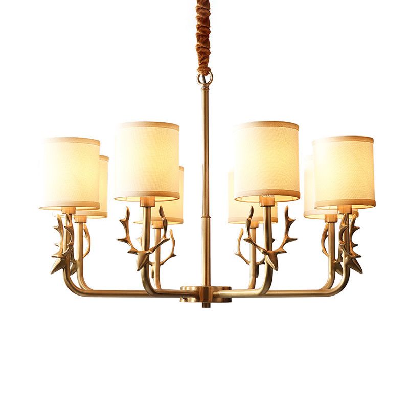Modern Cylinder Shaped Suspension Light Fabric Living Room Chandelier Light Fixture with Antler Decor