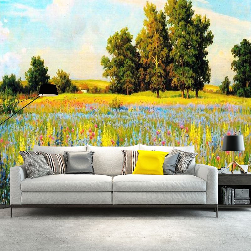 Rustic Autumn Landscape Painting Mural Yellow-Green Living Room Wall Decor, Custom Size