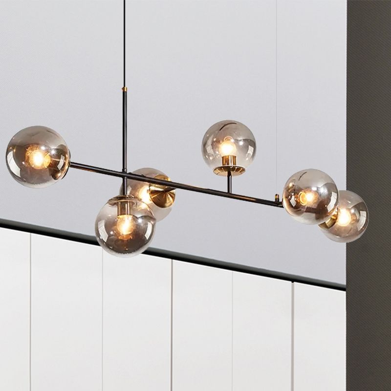 Industrial 6-Light Island Pendant with Amber/Milky White/Gradient Blue Glass Shade Brass Ball Ceiling Light with Adjustable Cord