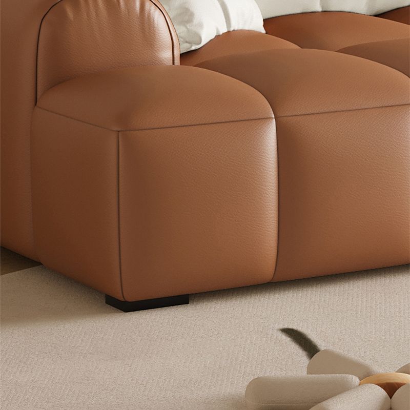 Scandinavian Faux Leather Pillow Back Recessed Arm Sofa For Living Room