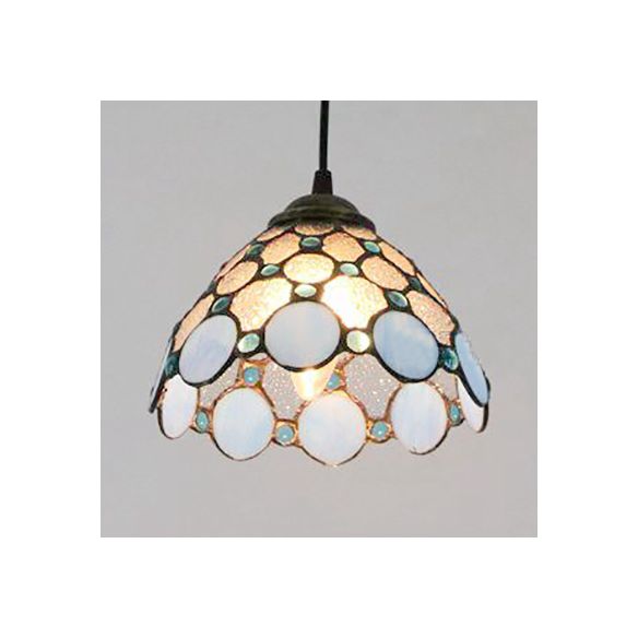 Wide Flare White/Blue/Textured White Handcrafted Art Glass Ceiling Light Tiffany-Style 1 Head Suspended Lighting Fixture