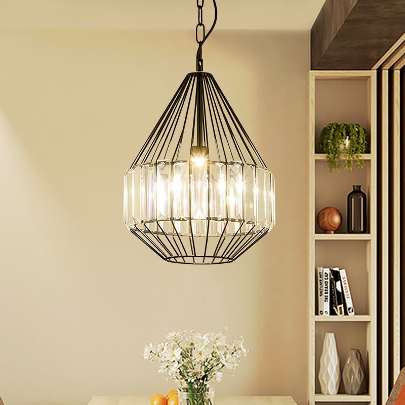 Black Teardrop-Like Pendulum Light Minimalism 1 Bulb Clear Crystal Rectangle Suspension Lamp