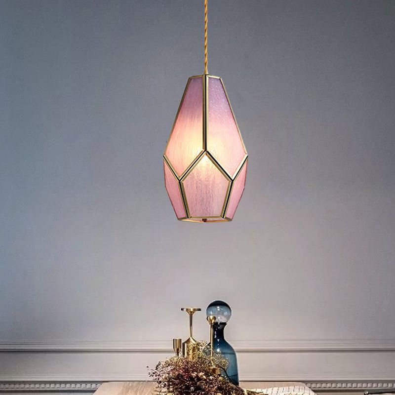 Lampada in sospeso di gemma vintage Ombra in vetro testurizzata rosa 1 lampadina a caduta a ciondolo a sospensione