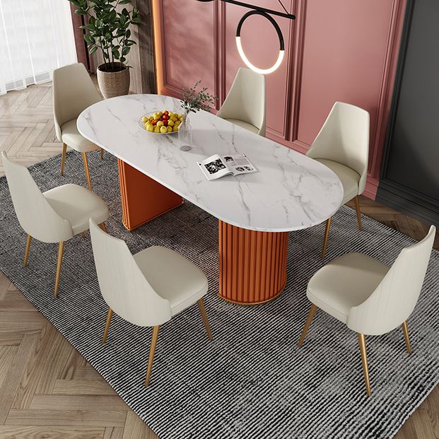 Modern Sintered Stone Oval Table Dining Table with White/Orange Double Pedestal