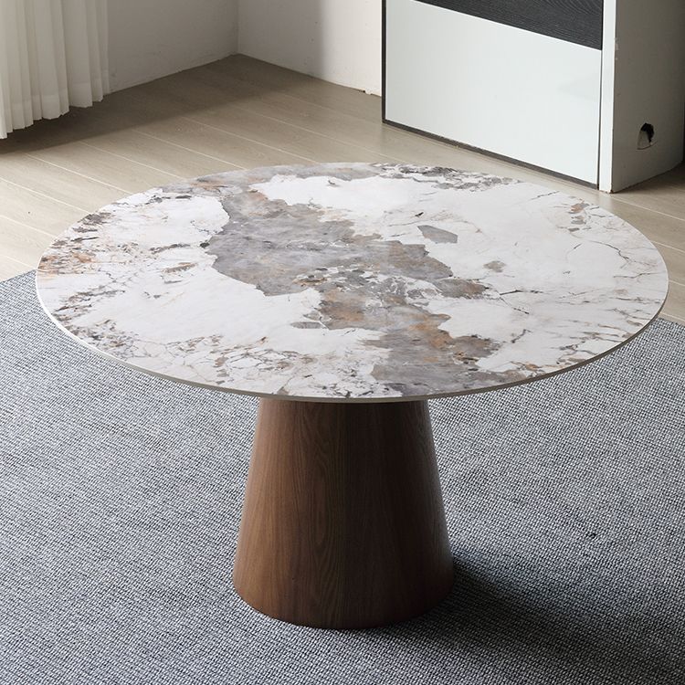 Stone Top Dining Table Modern Round Dining Table with Wood Pedestal Base without turntable