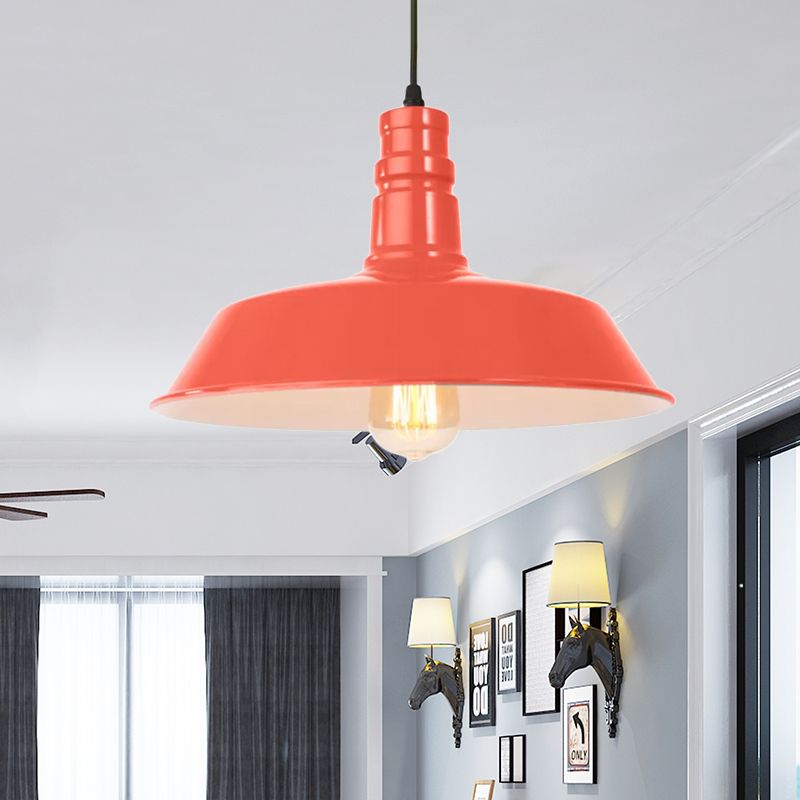 Metal Barn Shade Hanging Lamp Retro Style 1 Bulb Living Room Ceiling Pendant Fixture in Pink/Yellow, 10"/14"/18" Diameter