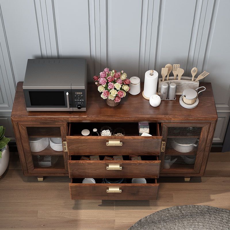 Modern Rubberwood Solid Wood Sideboard 34.5" H Brown Credenza for Dining Room