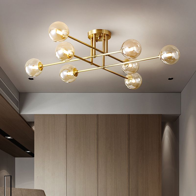Gold Globe Semi-Flush Light Fixture Modern Glass Shade Ceiling Lamp Fixture