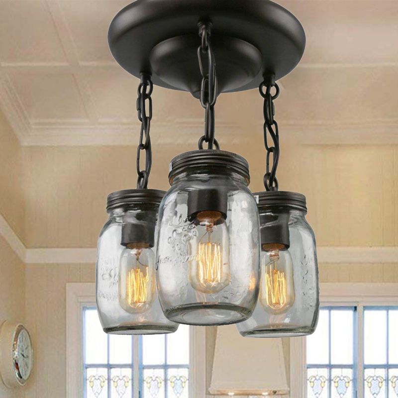 Mason Jar Etched Clear Glass Semi-Flush Industrial 3/5-Bulb Dining Room Light Fixture