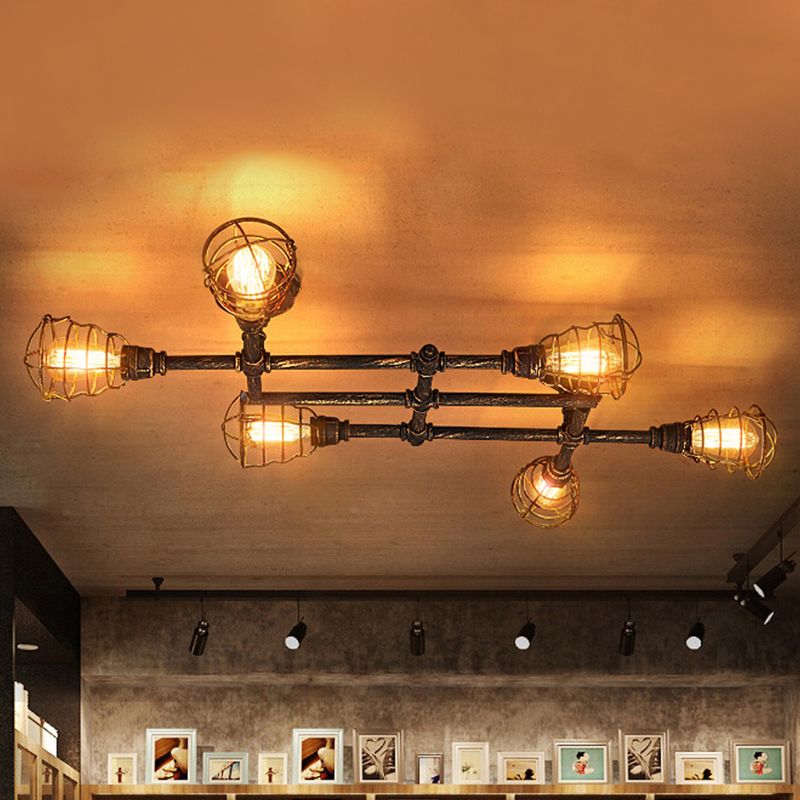 Jaula de alambre de latón, luz semiempotrada, hierro Industrial Vintage, 4/6/8 cabezales, iluminación de techo para sala de estar con tubo