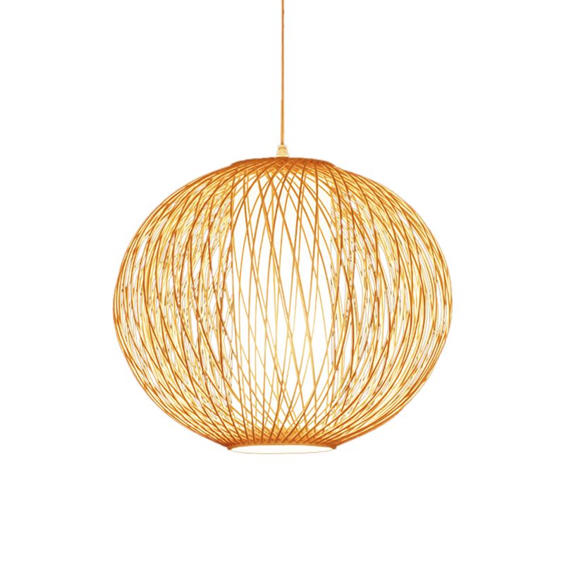 Beige Globe Pendant Lamp Chinese 1 Bulb Bamboo Hanging Light Kit with Inner White Cylinder Fabric Shade