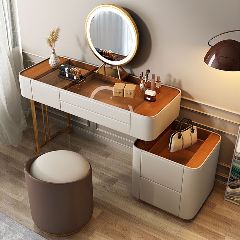 Contemporary Faux Leather Vanity Tables 4 Drawer Glass Top Makeup Vanity Desk