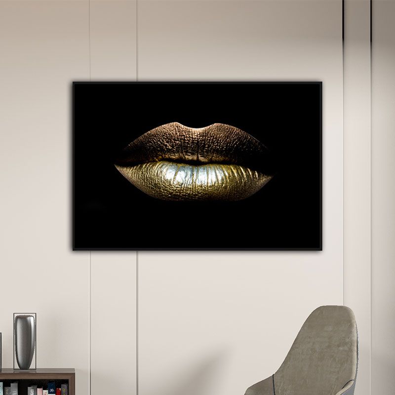 Modern Woman Lip Wall Art Print Gold-Black Textured Surface Canvas for Dining Room