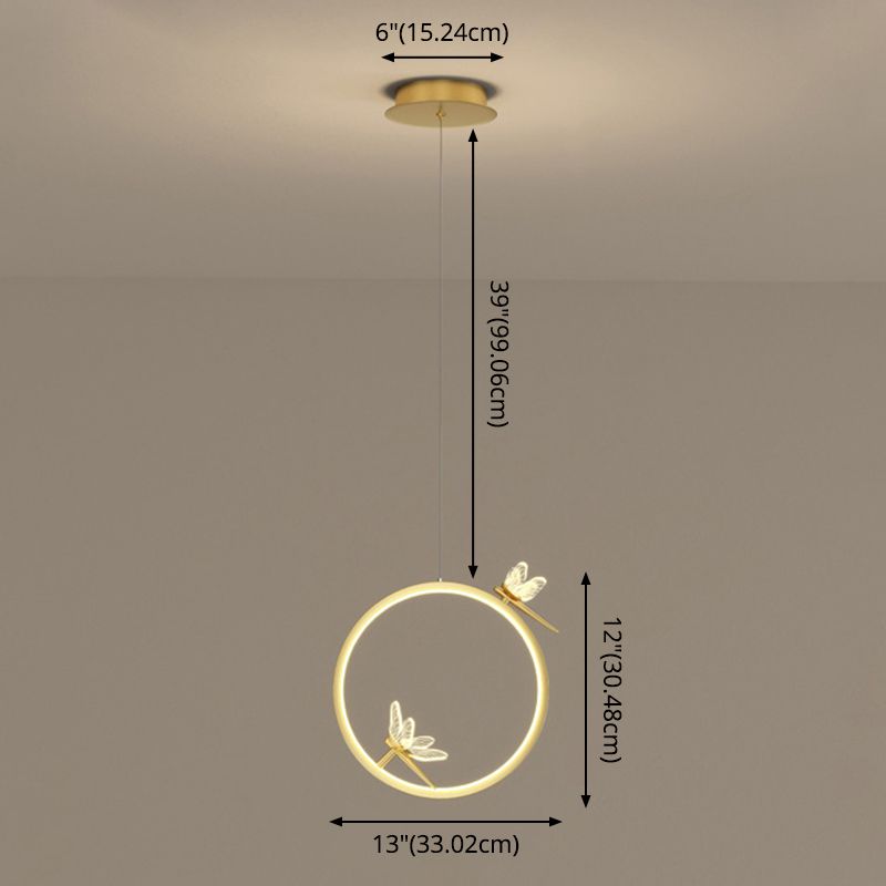 Metal Circle Hanging Pendant Light Modern LED Pendant Ceiling Light with Dragonfly Decor