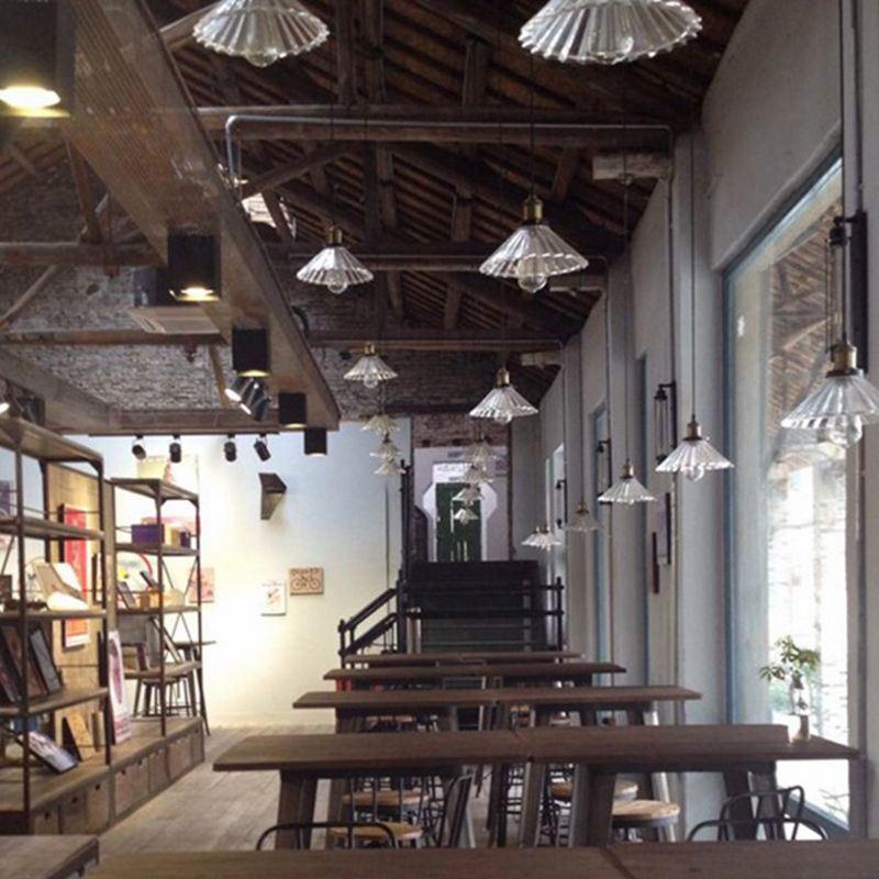 Messing afwerking 1-licht hanger industrieel helder geribbeld glas conisch druppellicht voor bar