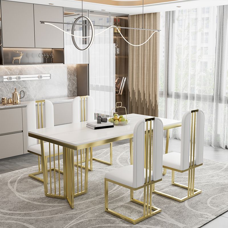 Glam Style Rectangle Stone Table for Restaurant Gold Pedestal Table