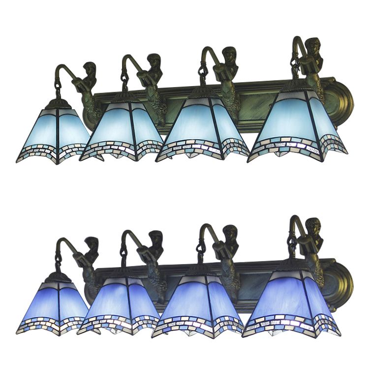 Trapezoid Wall Mount Light 4 Heads Dark Blue/Light Blue Glass Tiffany Sconce Light Fixture