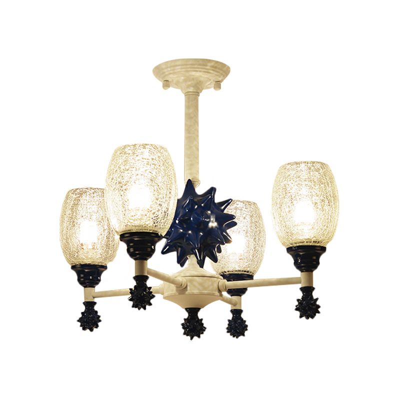 Clear Crackle Glass Cup-Like Pendant Coastal 4-Bulb Gold/Dark Blue Chandelier Lighting with Sea Urchin Design