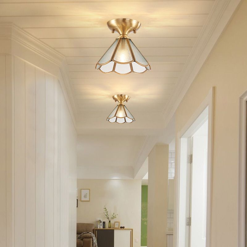Ceiling Mounted Fixture Classic Style Shaded Glass Close to Ceiling Lighting Fixture in Brass
