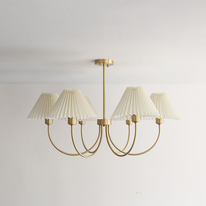 Country Style Living Room Chandelier Retro Fabric Conical Pendant Light Fixture in Brass