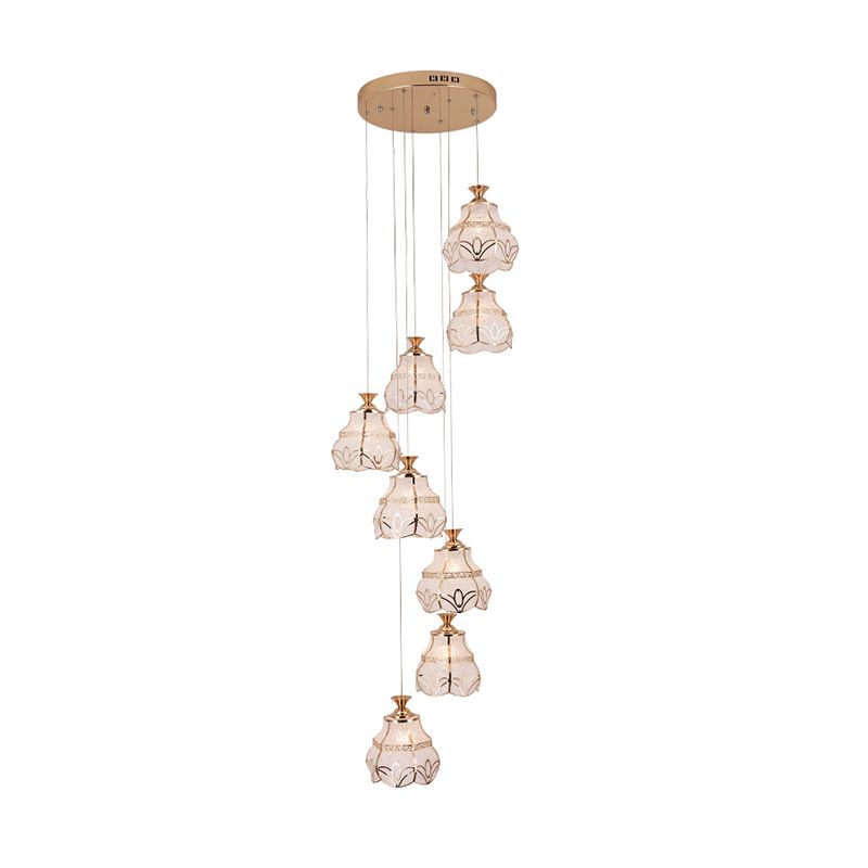 White Glass Spiral Hanging Light Contemporary 8-Light Stair Multi Lamp Pendant with Flower Shade