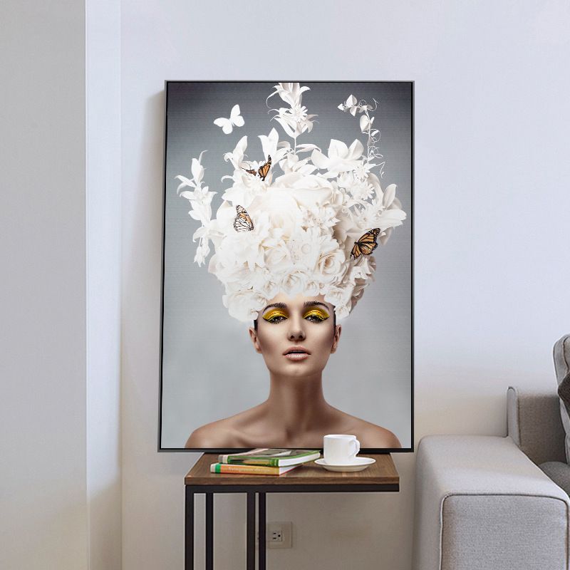 Glam Flower Hatted Maid Painting Canvas Beige Photography Wall Art Decor, Multiple Sizes