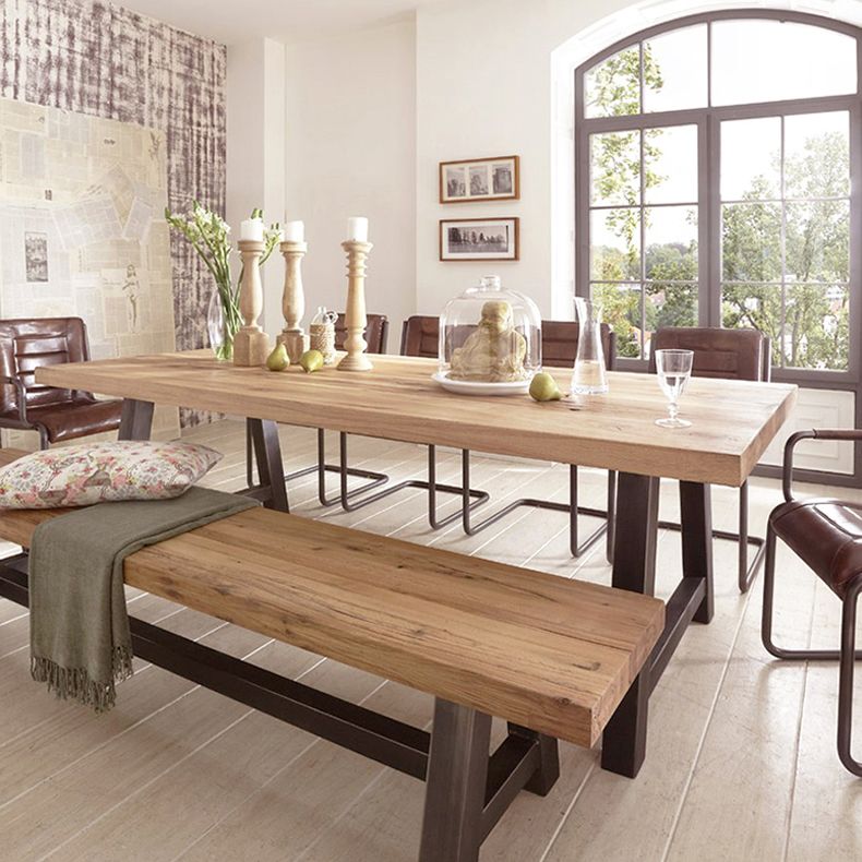 Metal Industrial Rectangle Dining Table Solid Wood Top Table with Trestle Base