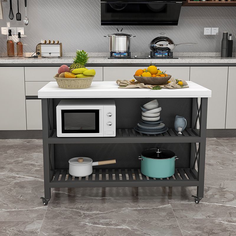 Rolling Kitchen Trolley Cart with Marble/Stone Top and Iron Base Kitchen Cart in Black