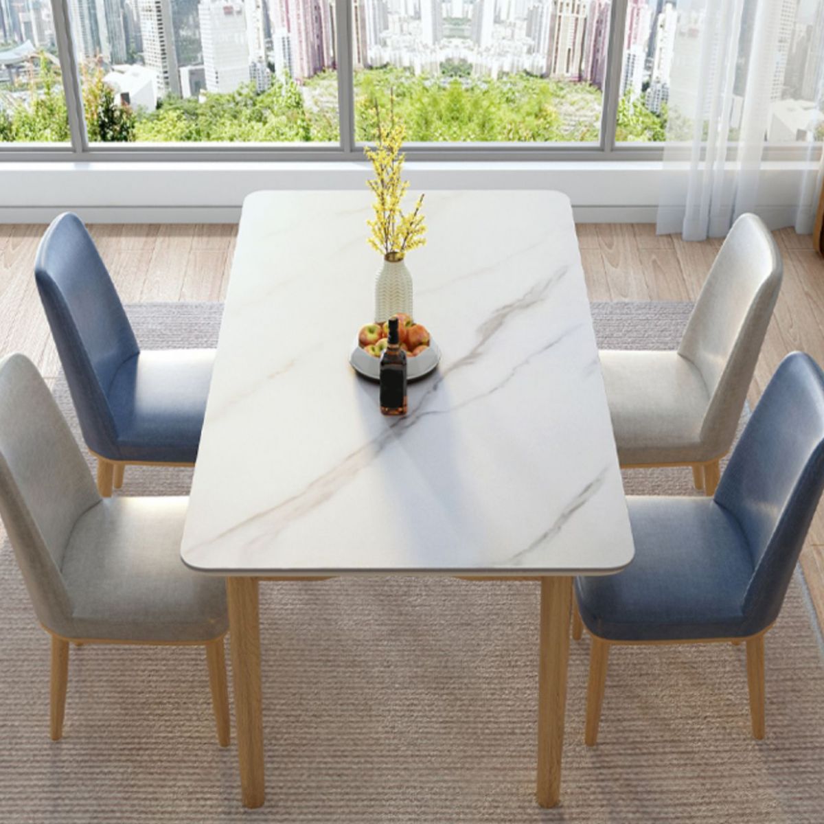 Modern White Rectangle Stone Dining Table with 4 Solid Wood Foot