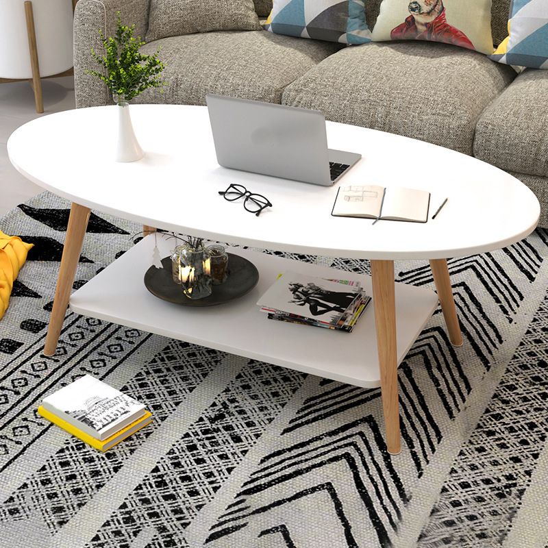 Modern Oval Solid Wood Coffe Table with Storage Shelf and 4 Legs