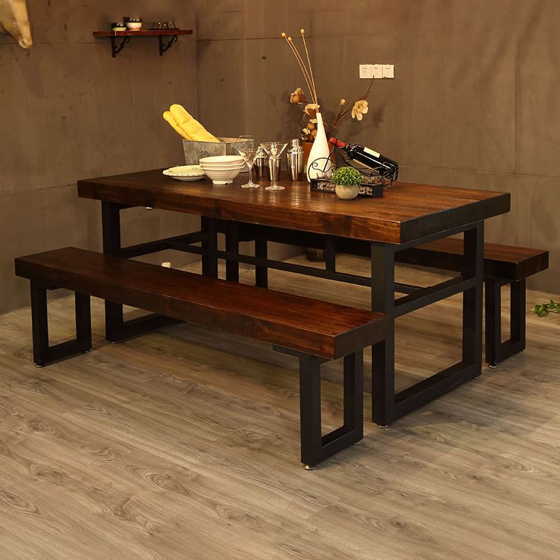 Industrial Style Solid Wood Dining Table Brown Rectangle Table with Trestle Base for Dinning Room