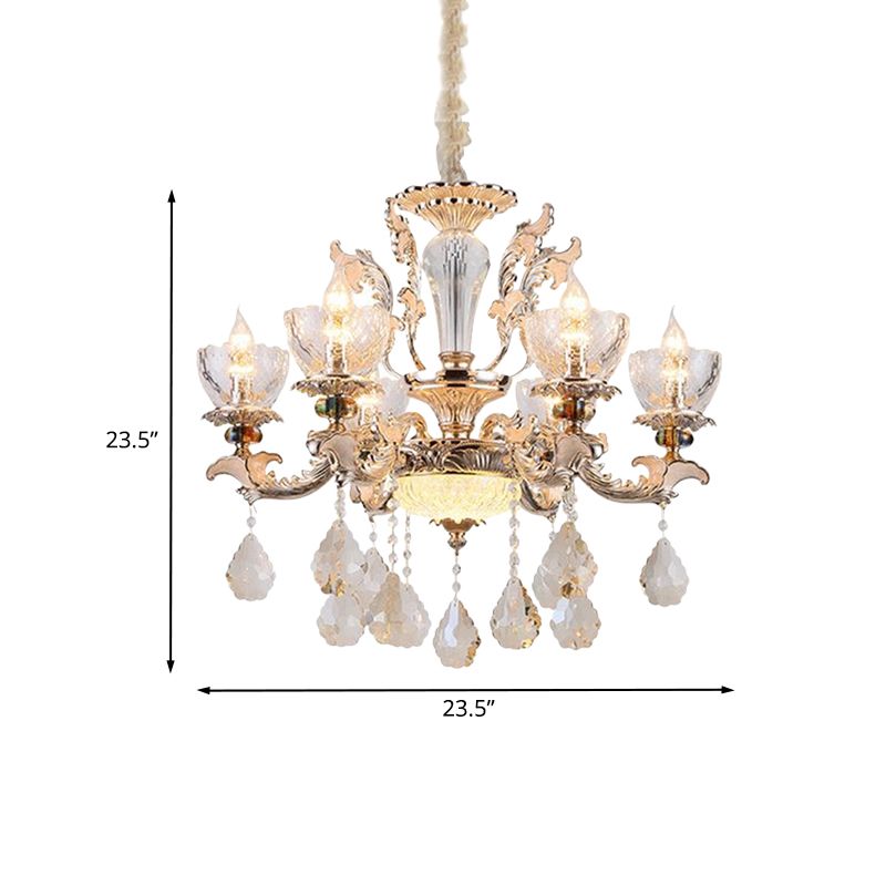 Gold Finish Bowl Shape Pendant Lamp Mid Century 6 Bulbs Clear Crystal Glass Chandelier