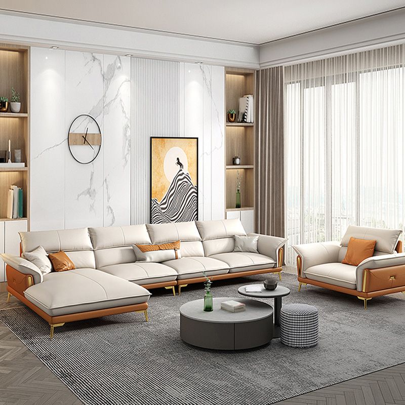 Glam Leather Living Room Seating Flared Arm Cushions White Settee