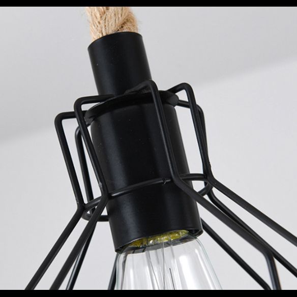 Vintage Hemp Rope Chandelier Indsutrial Retro Linear Wood Pendant with Wire Cage for Restaurant