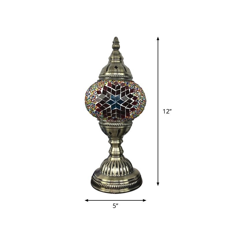 Single Night Stand Light Turkish Bedroom Table Lamp with Spherical Yellow/Red/Blue Glass Shade in Bronze