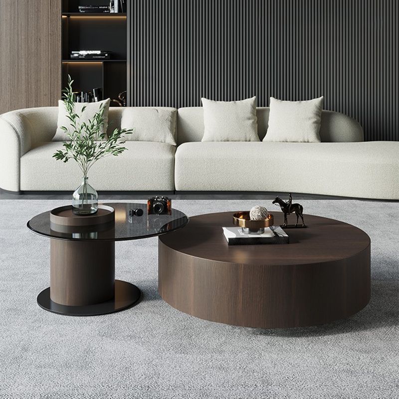 2-Drawer Drum 2 Bunching Coffee Tables Modern Round Wood Cocktail Table Set