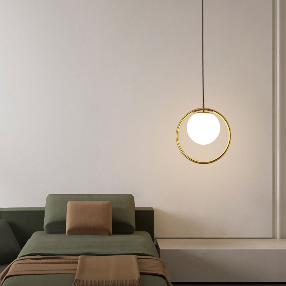Nordic Minimalism Golden Ring Hanging Light with White Glass Ball Shade Mini Pendant Fixtures for Bedside