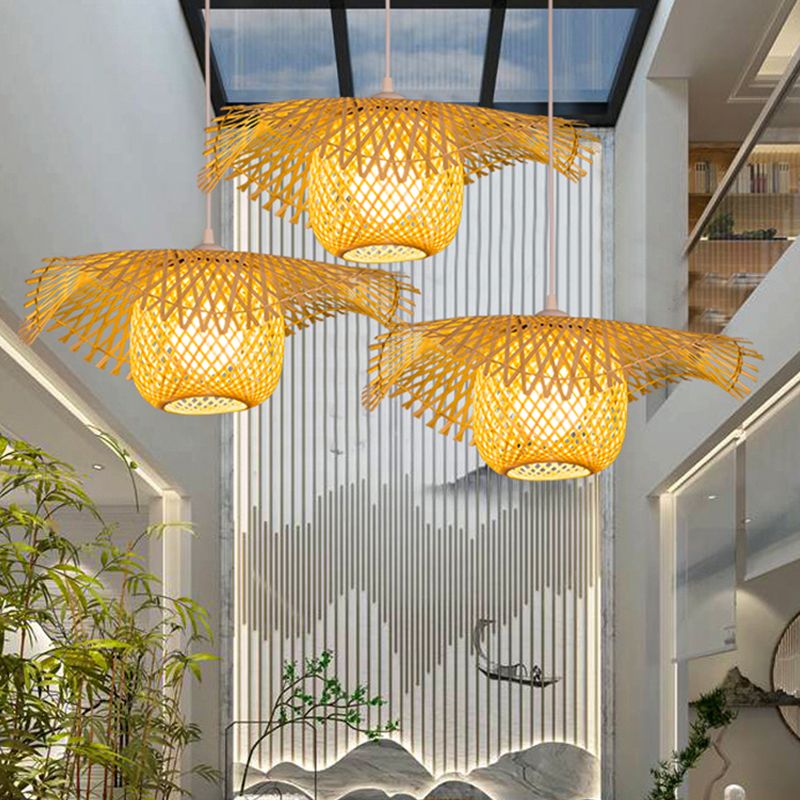 Flared Ceiling Lamp Asian Bamboo 1 Head Wood Hanging Pendant Light for Restaurant, 18"/29.5" Wide