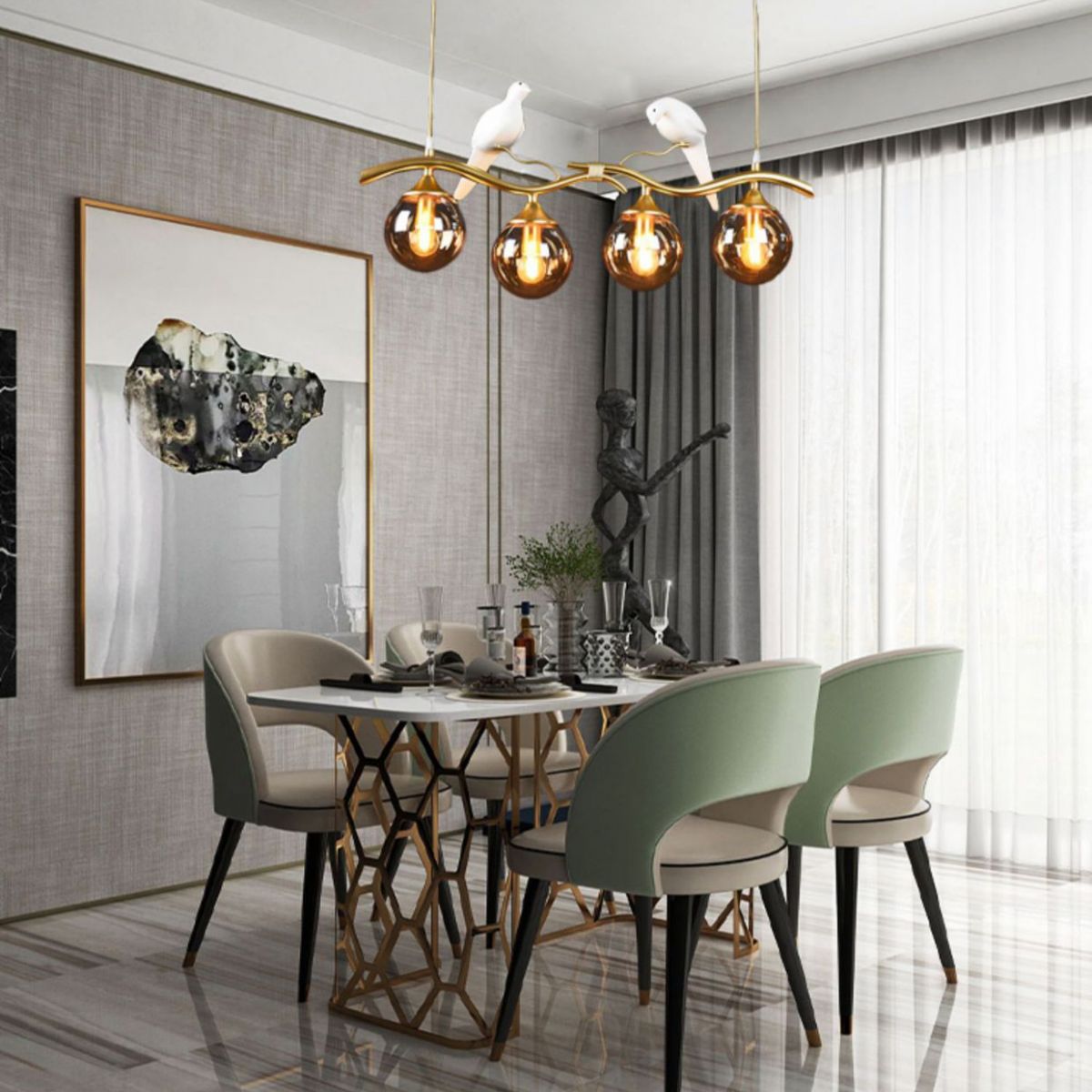 Lámpara de la isla esférica lámpara de vidrio moderno luz colgante con decoración de pájaros