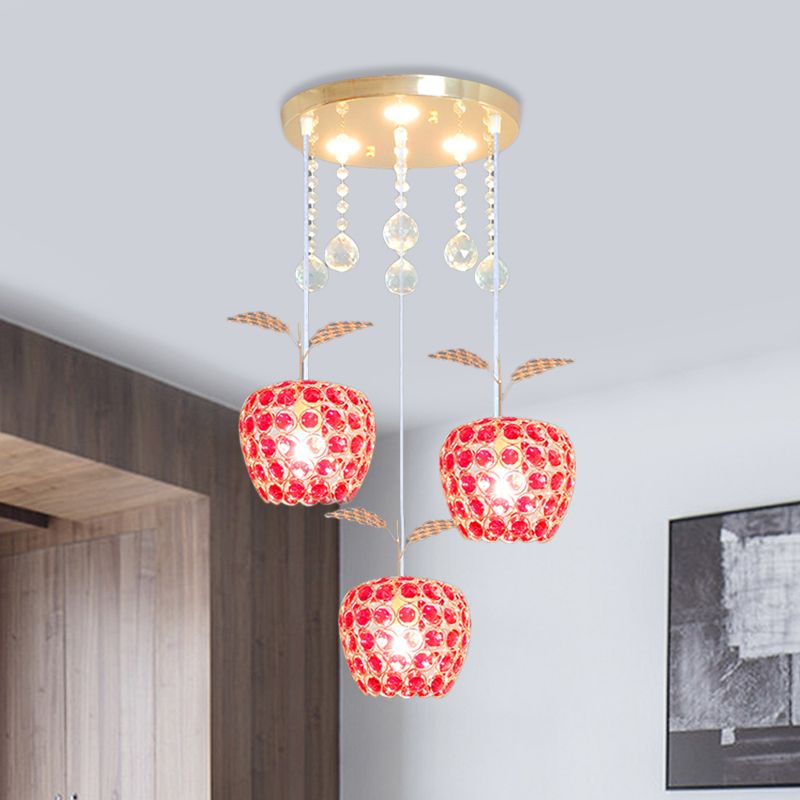 Lámpara de suspensión de oro de 3 luces de cristal rojo en forma de manzana en forma de manzana