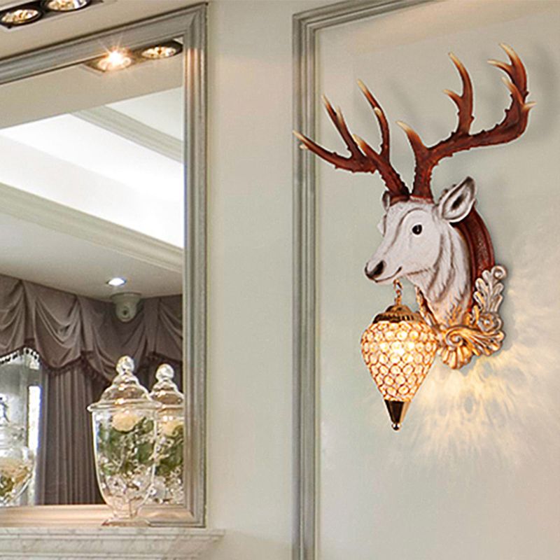 13"/26" W Single Resin Wall Light Fixture Country White/Yellow/Gold Deer Head Living Room Sconce Lamp with Teardrop Crystal Shade