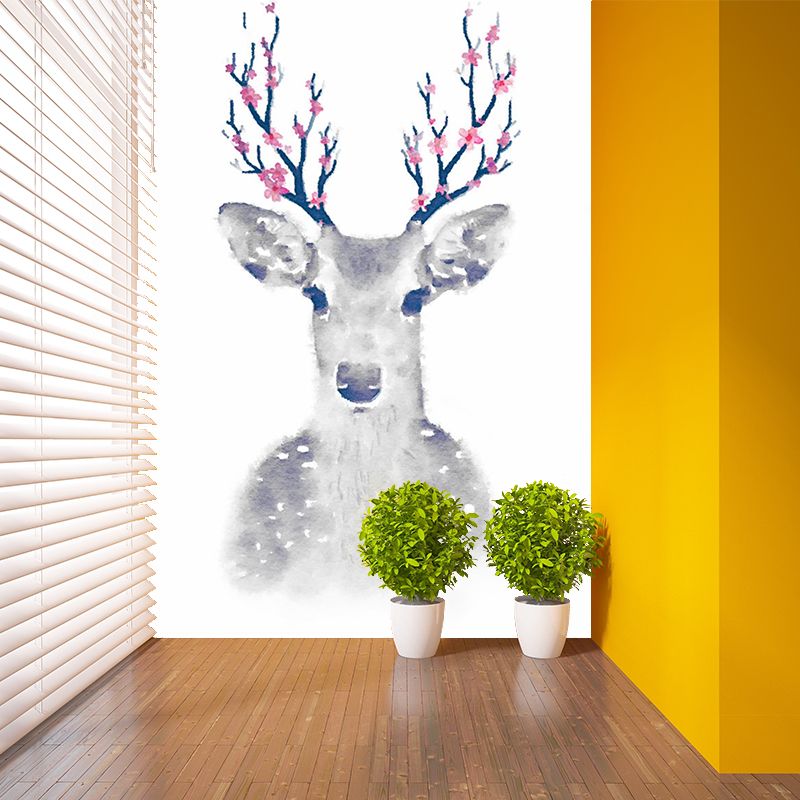 Full-Size Animal Wall Murals for Accent Wall Sika Deer Wall Covering in Grey, Washable