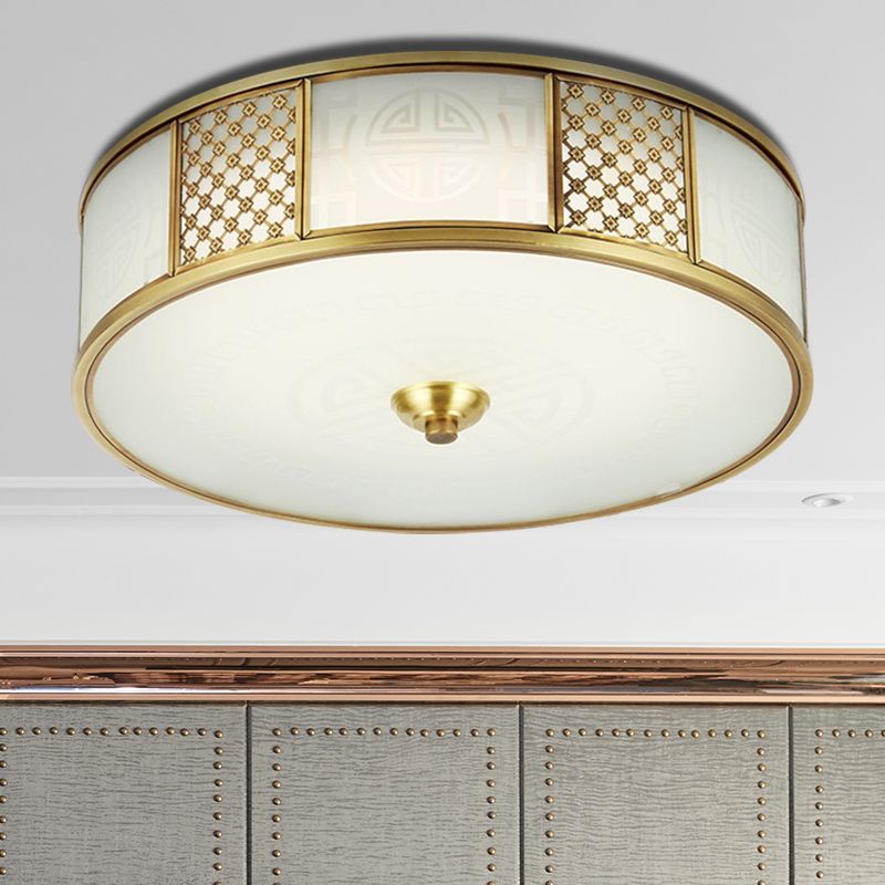 Colonial Drum Flush Mount Ceiling Light 14"/18" Wide 4 Lights Milky Glass Flushmount in Brass